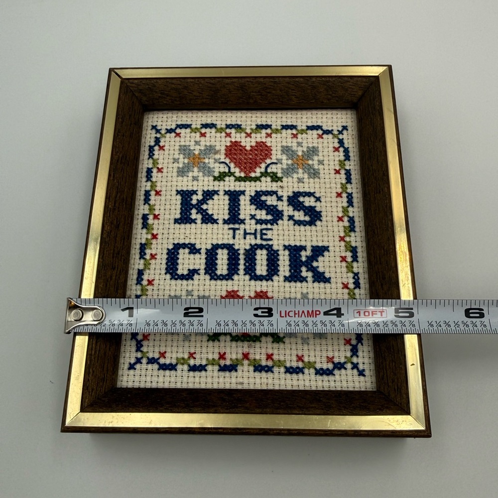 Vtg Kiss the Cook Needlepoint Embroidery Small Framed Completed Wall Art 6x5” - Picture 9 of 10